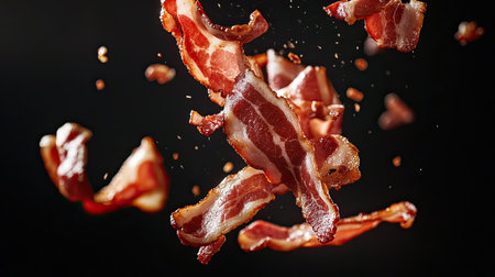 Pieces of bacon falling from above, crispy and savory, mid-air capture, dark backgroundの素材