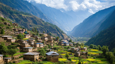 Picturesque village nestled in a valley surrounded by mountainsの素材