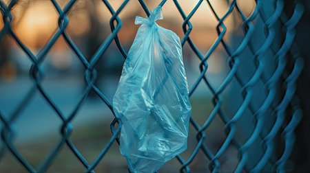 A close-up of a plastic bag caught in a fence.の素材