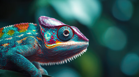 A close-up of a chameleon changing colors, blending in with its surroundings.の素材