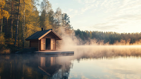 Sauna on the shore of a lake, with steam rising and a view of the forestの素材