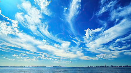 The Statue of Liberty in New York Harbor, with a vibrant blue sky and white cloudsの素材