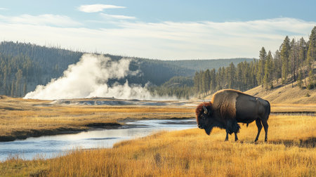 Yellowstone National Park with its geysers, hot springs, and wildlife like bison and elkの素材