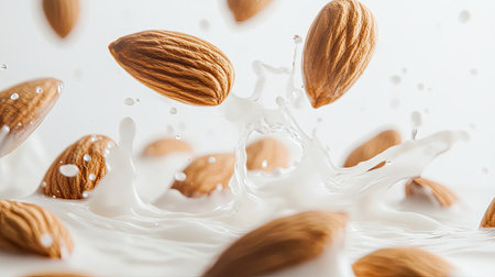 Whole almonds falling into milk, splash and movement, high-speed capture, healthy snack, white backgroundの素材