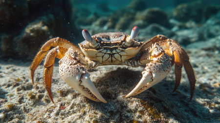 A close-up of a crab crawling along the ocean floor.の素材