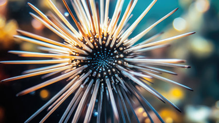 A close-up of a sea urchin with long spines.の素材