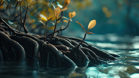A close-up of a mangrove root system growing above the waterの素材