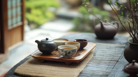 Traditional Korean tea ceremony with delicate porcelain and fragrant teaの素材