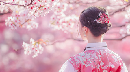 Traditional Korean Hanbok dress against a backdrop of cherry blossomsの素材