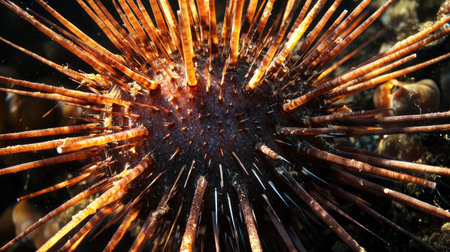 A close-up of a sea urchin with long spines.の素材