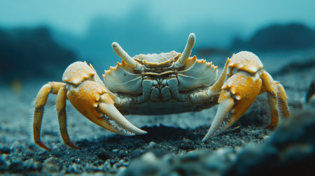 A close-up of a crab crawling along the ocean floor.の素材