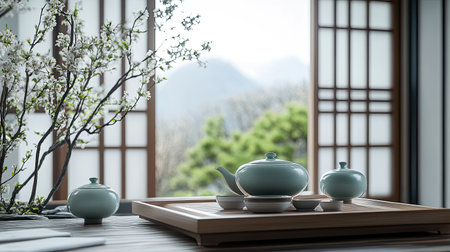 Traditional Korean tea ceremony with delicate porcelain and fragrant teaの素材