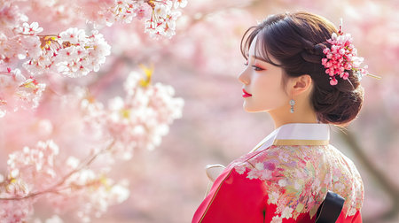 Traditional Korean Hanbok dress against a backdrop of cherry blossomsの素材