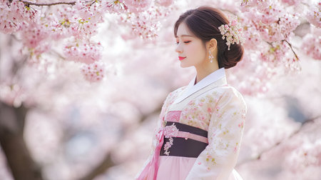 Traditional Korean Hanbok dress against a backdrop of cherry blossomsの素材