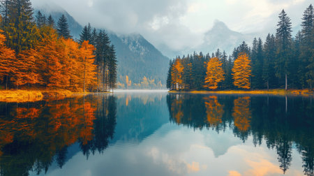 Tranquil lake reflecting the colors of a vibrant autumn forestの素材