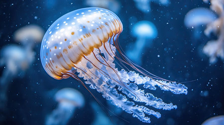 A close-up of a jellyfish pulsating in the water.の素材