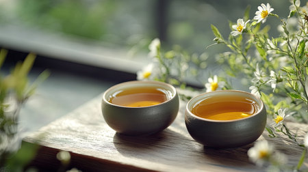 Traditional Korean tea ceremony with delicate porcelain and fragrant teaの素材