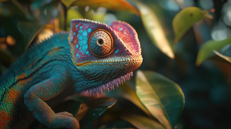 A close-up of a chameleon changing colors, blending in with its surroundings.の素材
