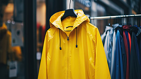 A yellow raincoat hanging on a rackの素材