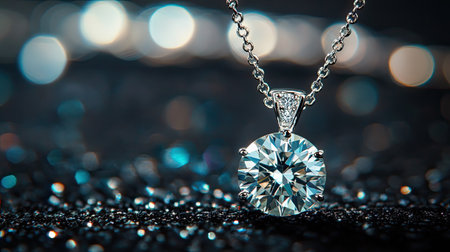 Close-up of a diamond pendant necklace, sparkling under soft lighting, against a dark backdropの素材