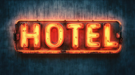 Neon sign with the word "HOTEL"の素材