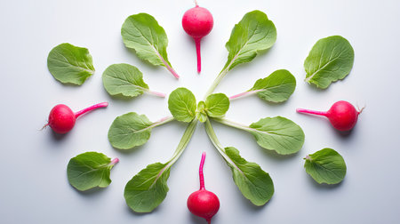 Radishes with green leaves arranged in a circular patternの素材