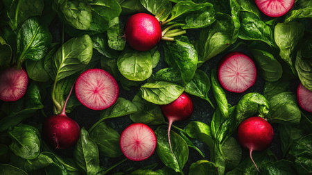 Red radishes sliced in half with green leaves attachedの素材