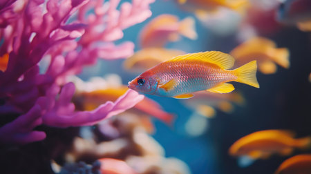 School of colorful fish swimming in a coral reefの素材