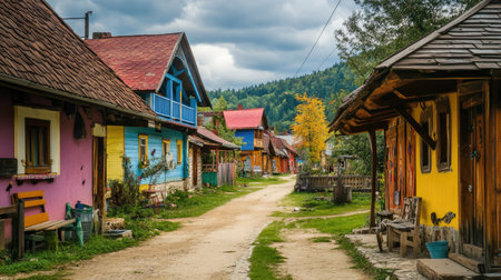 Traditional wooden houses with colorful facades in a small villageの素材