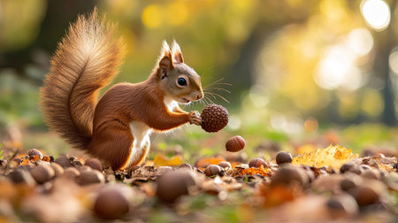 Playful squirrel gathering acorns in a parkの素材