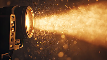 A close-up of a film projector lens with dust particles in the light beam, capturing the vintage feel of old cinemaの素材