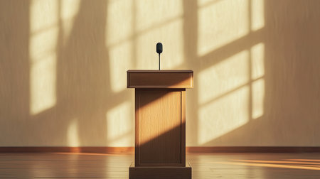 A classic wooden podium with a podium cover and a microphone, set up for a high-profile speechの素材
