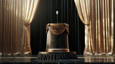A podium with a decorative cover and a microphone in a formal award ceremony setupの素材