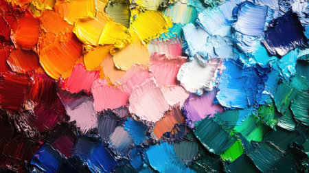 A dynamic splash of color from an artist's palette with various paint hues blending togetherの素材
