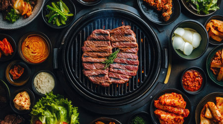 Delicious Korean BBQ sizzling on a grill, surrounded by colorful side dishesの素材