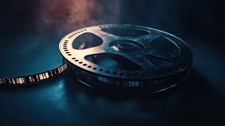 A film reel with filmstrip extending across a dark background, representing the endless possibilities of storytelling in filmの素材