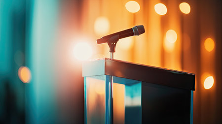 A modern glass podium with a microphone and a spotlight at an elegant gala dinnerの素材