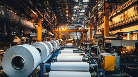 A paper mill with large rolls of paper being processed, showcasing the production of paper products on an industrial scaleの素材