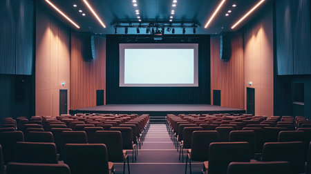 Empty seminar hall with spotlight on the stage, projection screen ready, clean and modern setupの素材