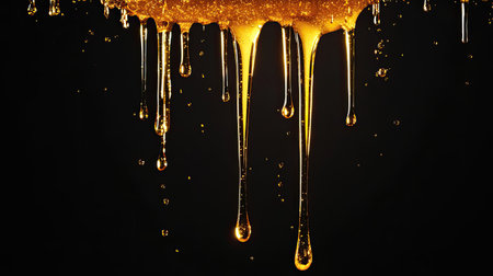 Honey dripping and falling from above, golden and sticky, mid-air capture, isolated on blackの素材