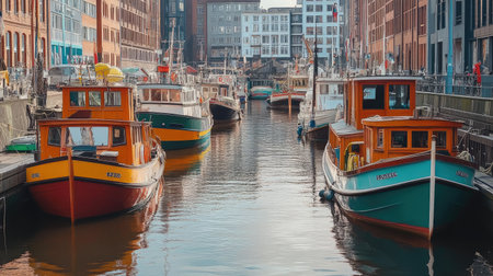 Fisherman's Wharf in Hamburg, with colorful boats and bustling activityの素材
