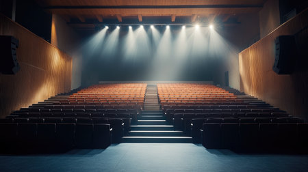 Empty seminar hall with tiered seating and spotlight on the stage, ready for presentation, clean and modernの素材