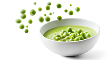 Fresh green peas falling into soup, vibrant and healthy, mid-air capture, isolated on whiteの素材