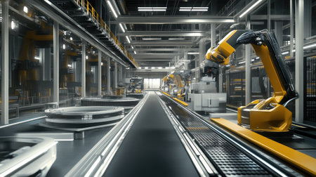 A high-tech factory with robotics and conveyor belts, emphasizing automation and precision in modern productionの素材