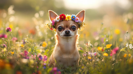 Chihuahua wearing a flower crown in a meadow of wildflowersの素材