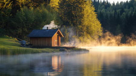 Sauna on the shore of a lake, with steam rising and a view of the forestの素材
