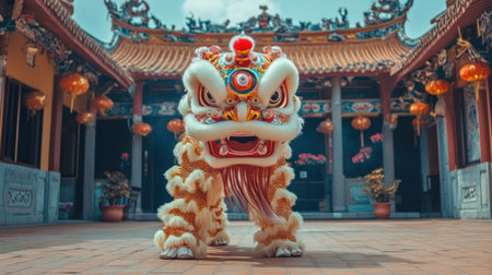 Traditional Chinese lion dance performance in a temple courtyardの素材