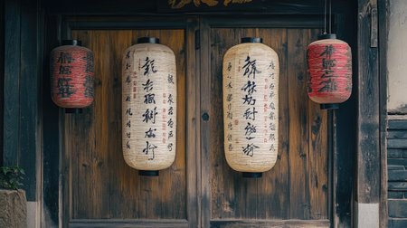 Spring couplets written in calligraphy hanging on a doorの素材