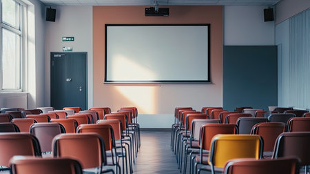 Seminar space with neatly arranged chairs and a projector screen, ready for a corporate event, clean and minimalistの素材