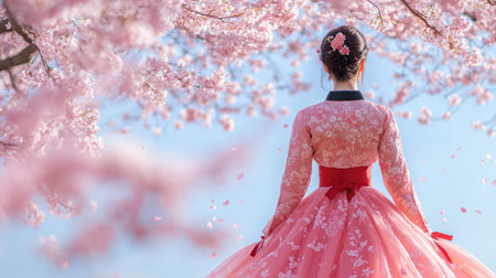Traditional Korean Hanbok dress against a backdrop of cherry blossomsの素材
